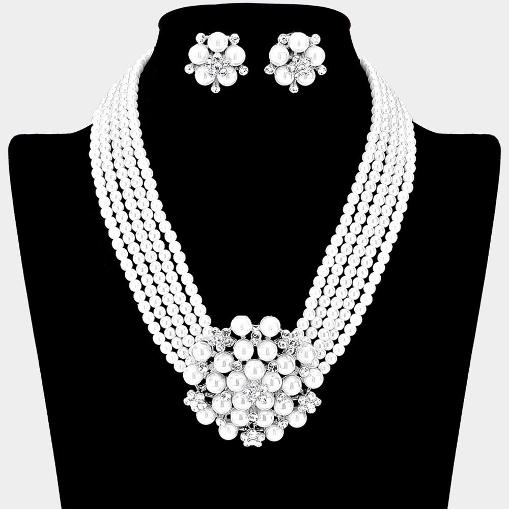 Madeline Love White Pearl Cluster Flower Necklace Clip on Earring set - Necklaces