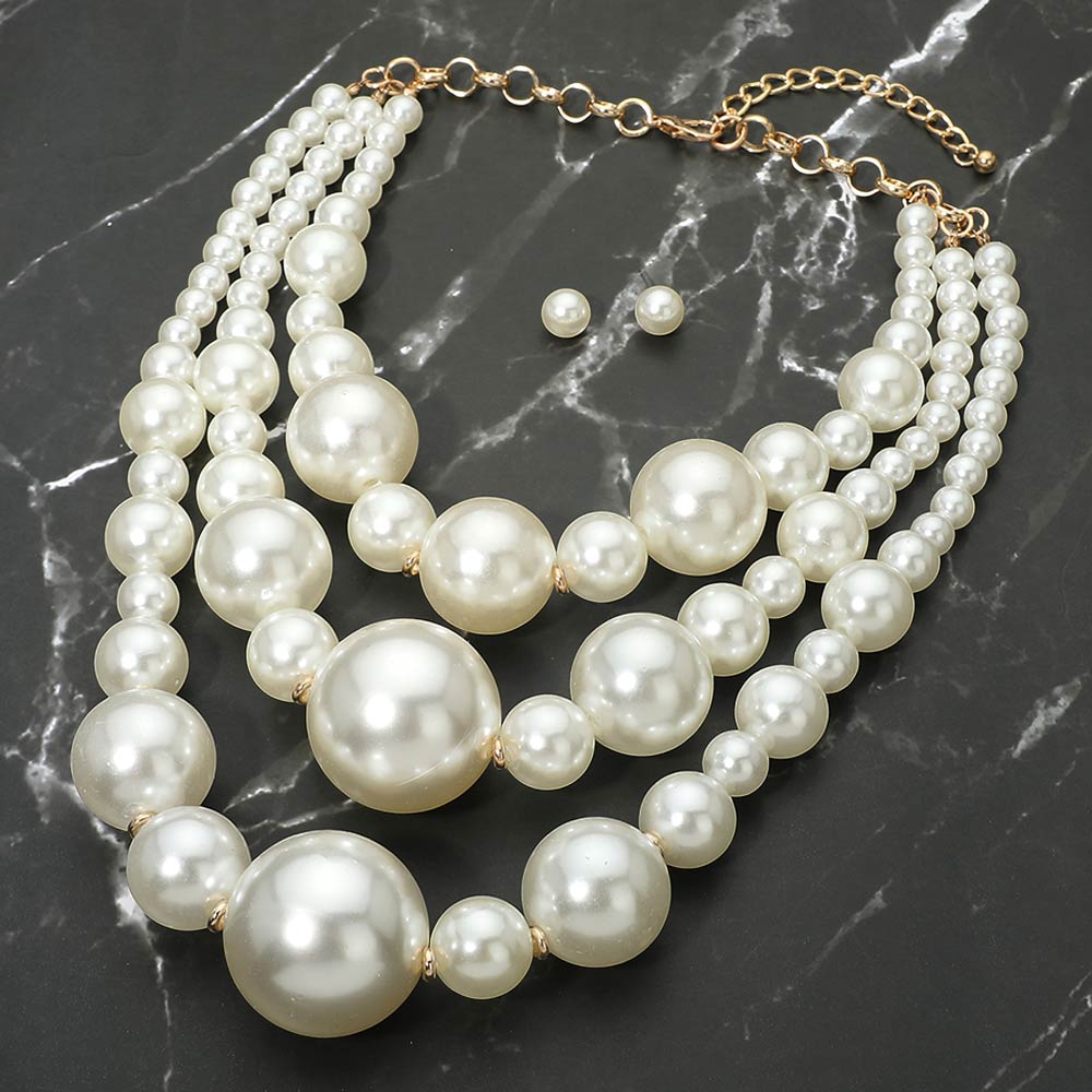 Madeline Love Cream, Gold Chunky Triple Layered Pearl Statement Necklace