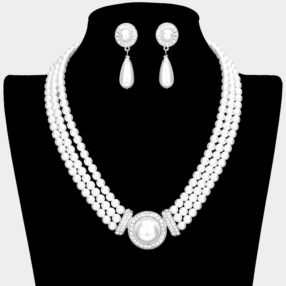 Madeline Love Silver, White 3 Row Pearl Necklace - Necklaces