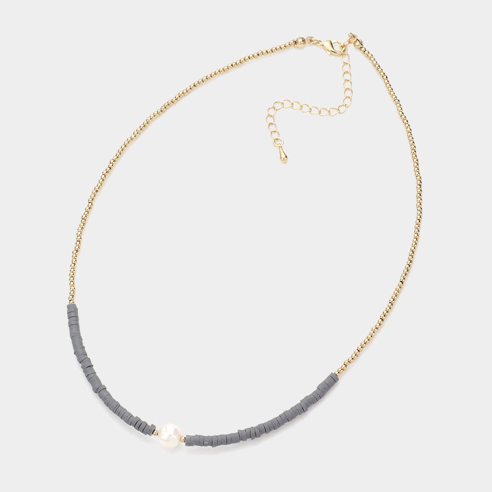 Madeline Love Gray Freshwater Pearl Accented Metal Ball Heishi Beaded Necklace - Necklaces - extra