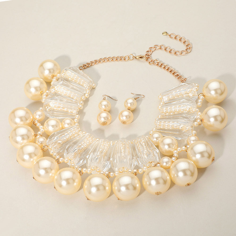 Madeline Love Clear, Cream Chunky Celluloid Acetate Bar Pearl Statement Necklace - Necklaces