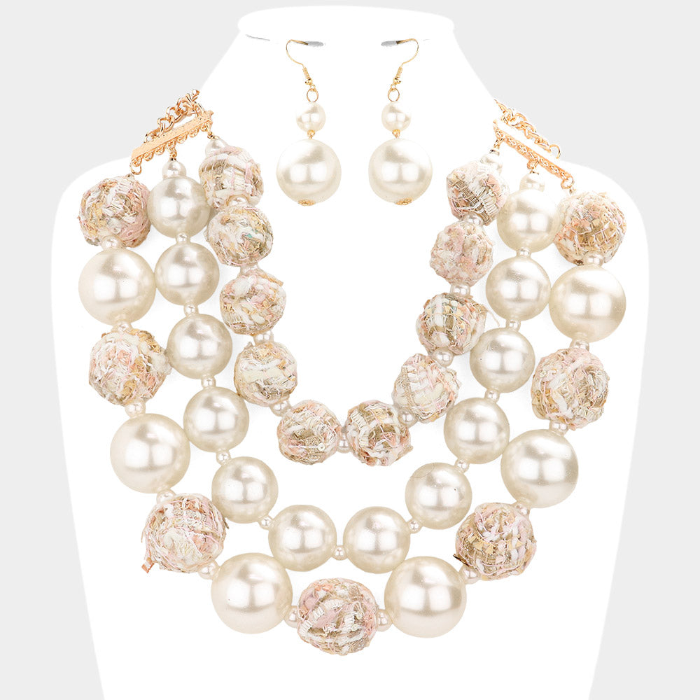 Madeline Love Ivory Tweed Fabric Ball Pearl Triple Layered Bib Necklace - Necklaces
