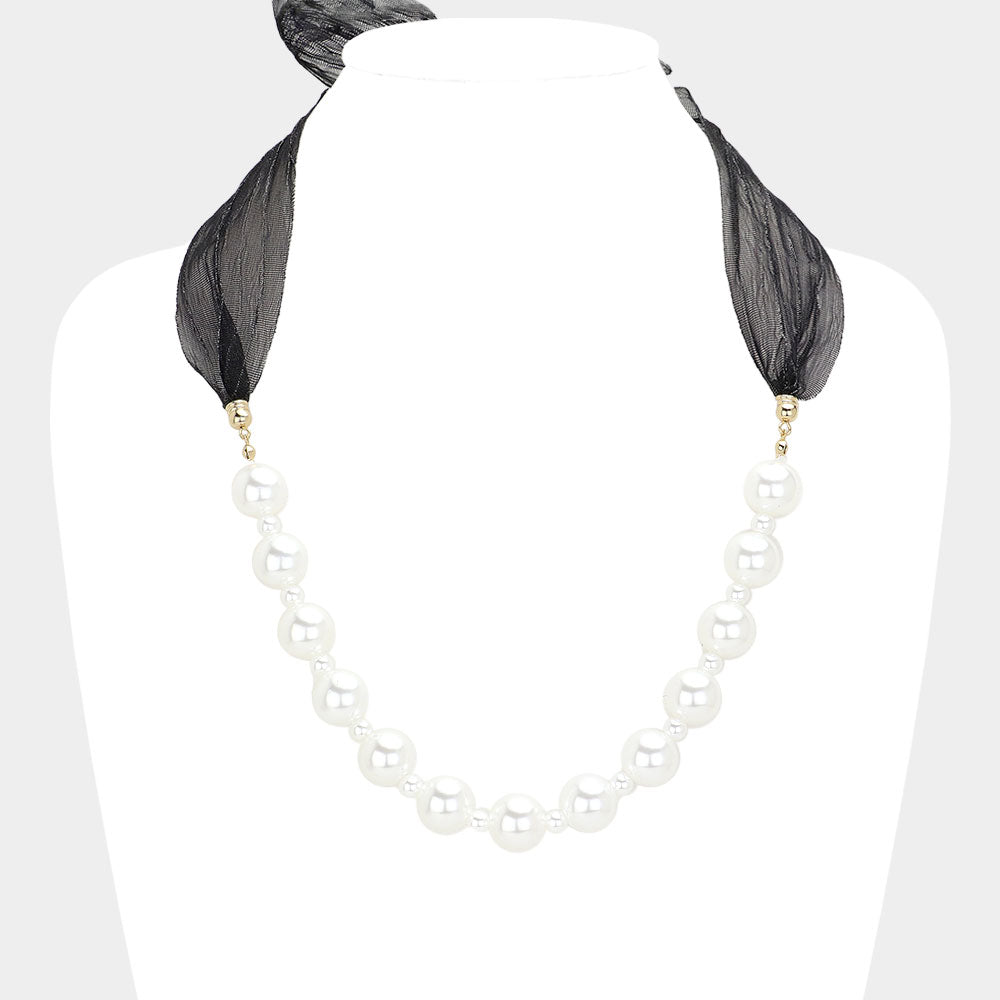 Madeline Love Black, White Ribbon Pearl Necklace - Necklaces