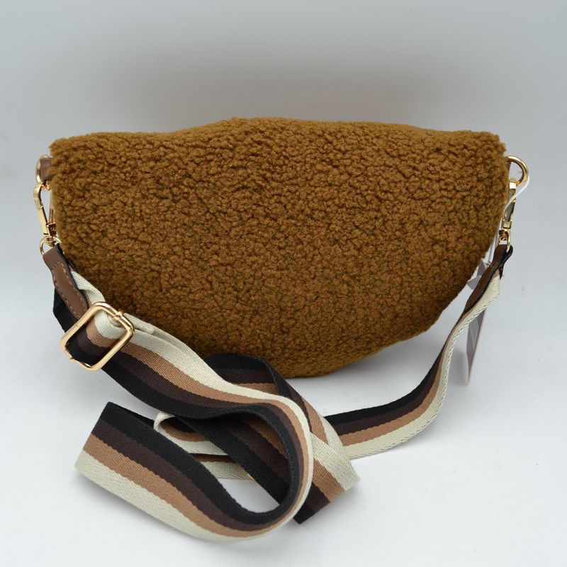 Textured Teddy Fleece Belt Bag with Adjustable Wide Strap - Pink - Crossbody Bags