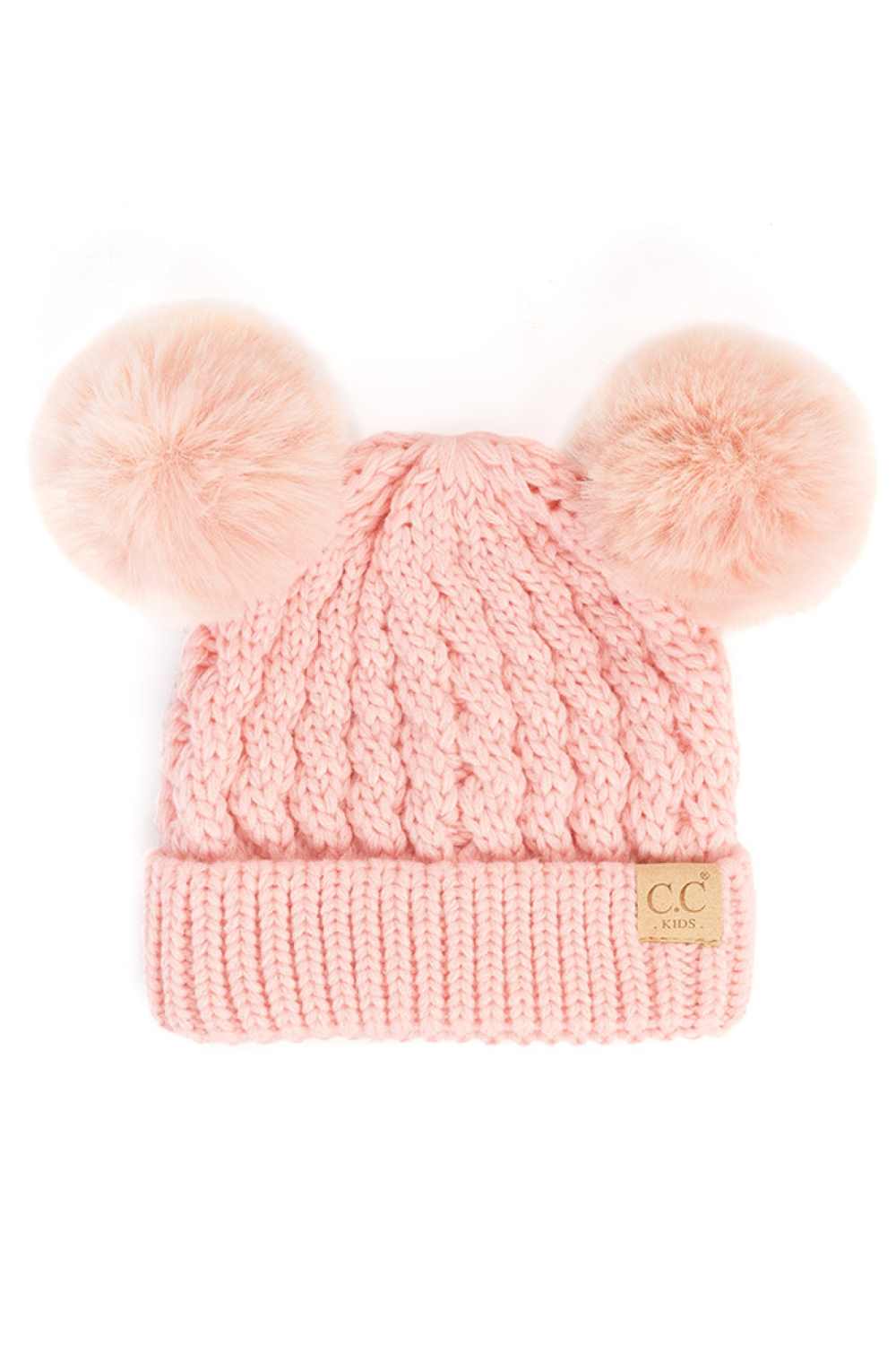 Pale Pink Keep your child warm and stylish with this C.C Kids Double Pom Pom Beanie, featuring an all-over cable knit pattern. Made from 100% acrylic, it's soft, durable, and easy to care for. The playful double pom poms add a fun touch kids love.