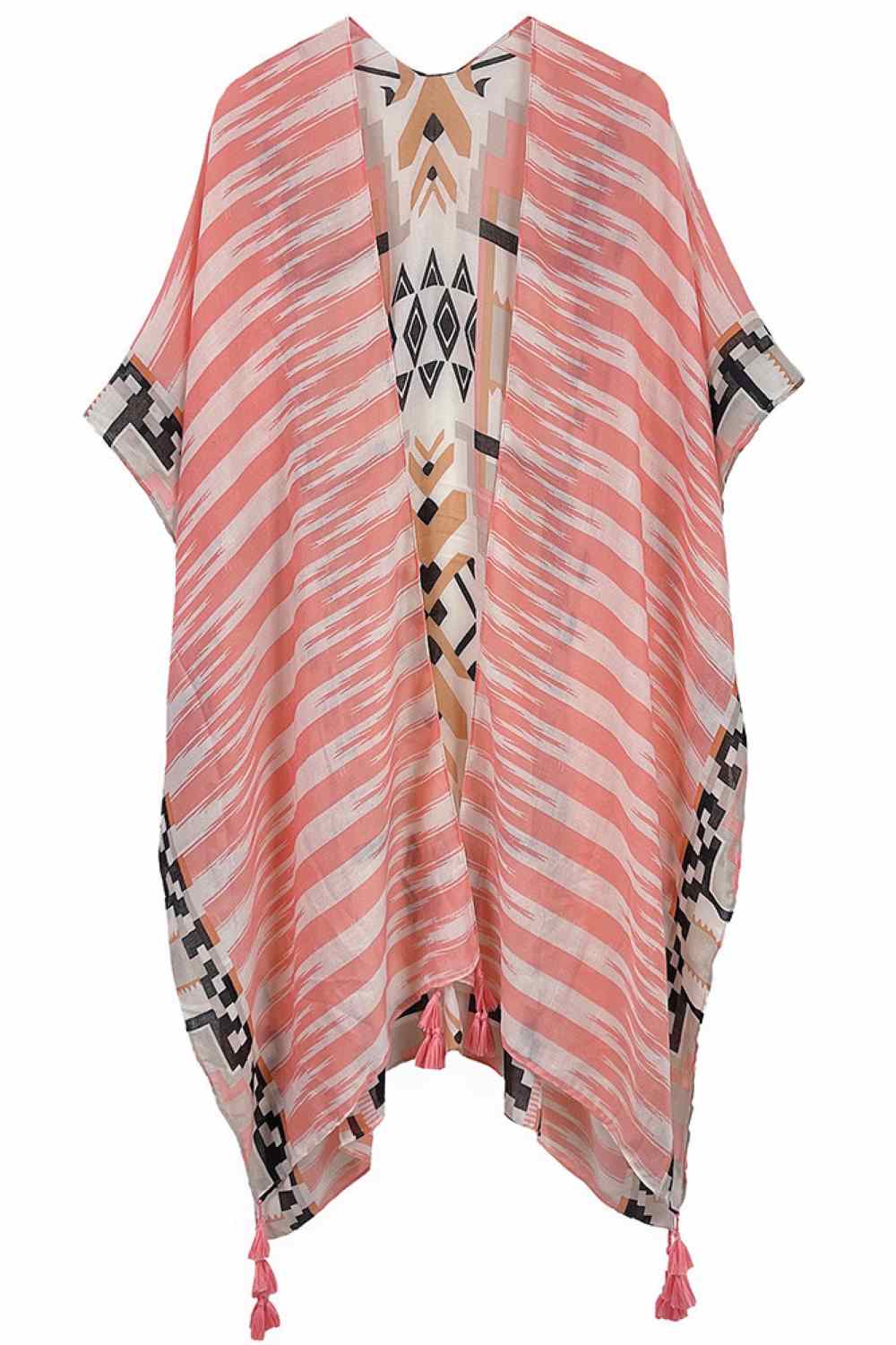 Peach Embrace bohemian style with this striking Aztec Pattern Print Tassel Kimono. Crafted from lightweight 100% polyester, this versatile piece features bold geometric patterns inspired by traditional Aztec designs, complete with decorative tassels for added flair. Perfect for layering over dresses, swimwear, or casual outfits, it offers effortless coverage and movement. With generous dimensions of 35.4" x 35.4", it drapes beautifully on most body types. Ideal for beach days, festivals, or relaxed everyday