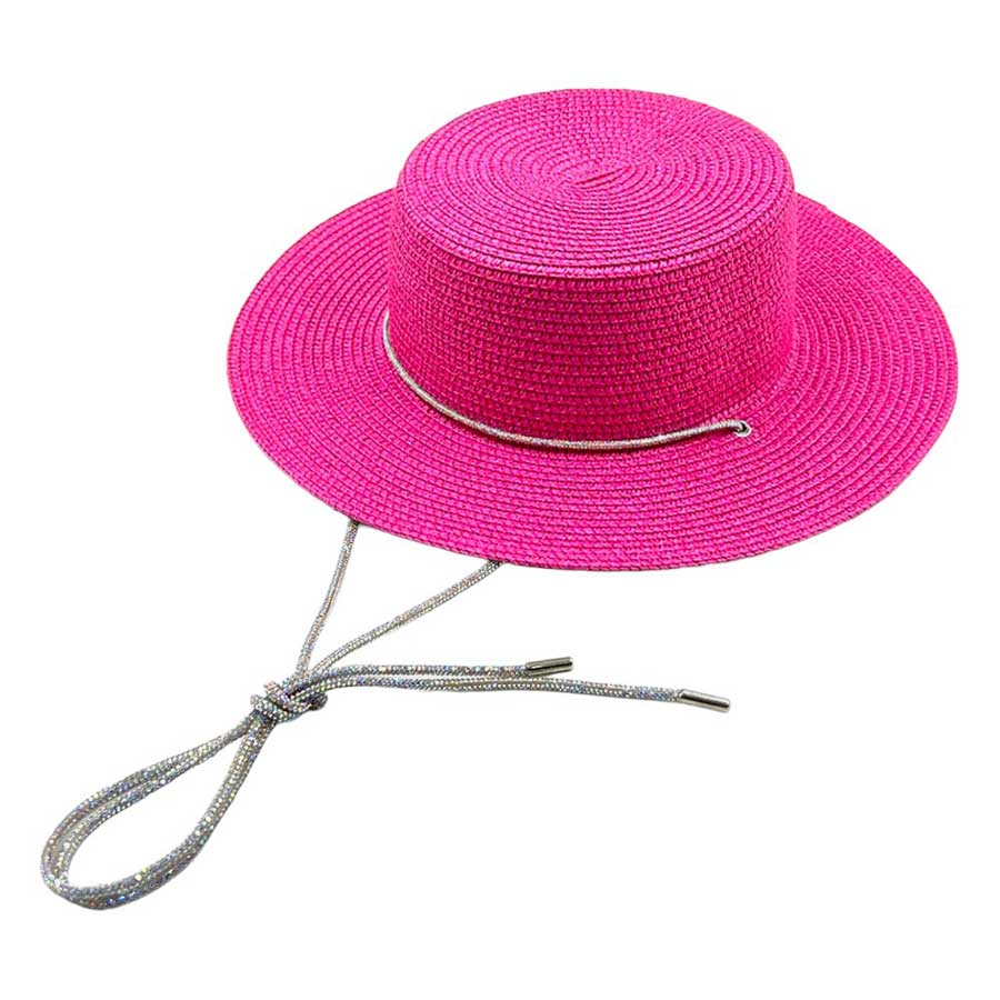 Pink Bling Chin Tie Straw Sun Hat! Introducing the perfect accessory for your sunny adventures. With its stylish bling detail and functional chin tie, this hat will keep you looking effortlessly chic while protecting you from the sun. Don't let the heat bother you, just tie the chin tie and enjoy the day.