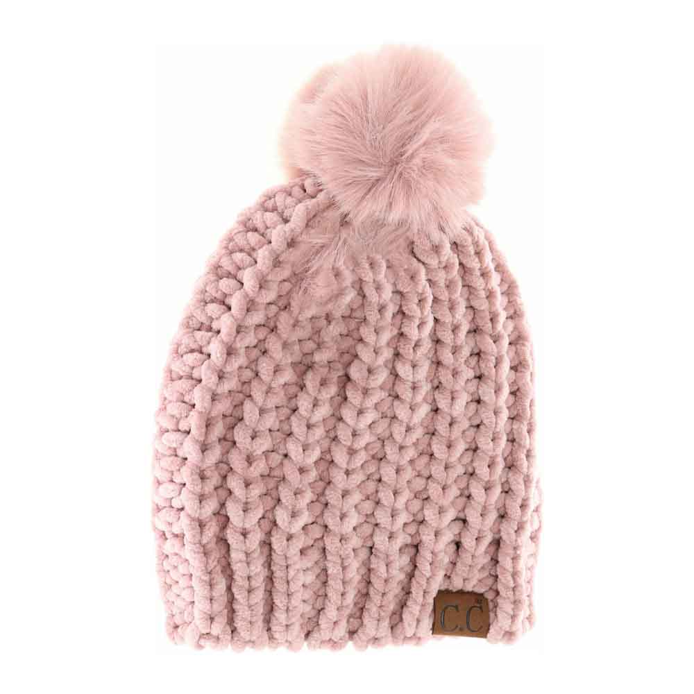 Chenille Chunky Knit Faux Fur Pom C.C Beanie