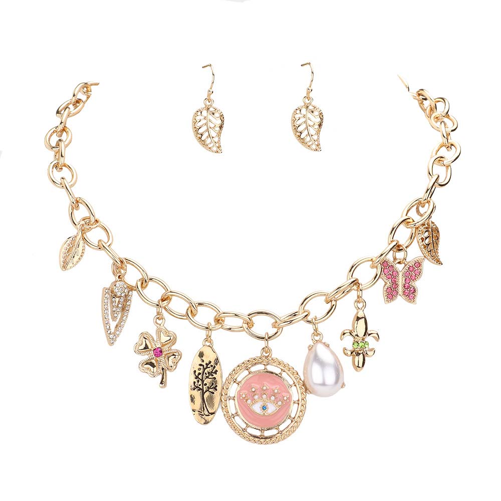 Pink Clover Eye Pearl Fleur De Lis Butterfly Pendant Necklace, is beautifully designed with a butterfly, clover, evil eye, and fleur de lis theme that will make a glowing touch on everyone. Perfect gift accessory for specially St. Patrick's Day and Mardi Gras to your friends, family, and the persons you love and care about.