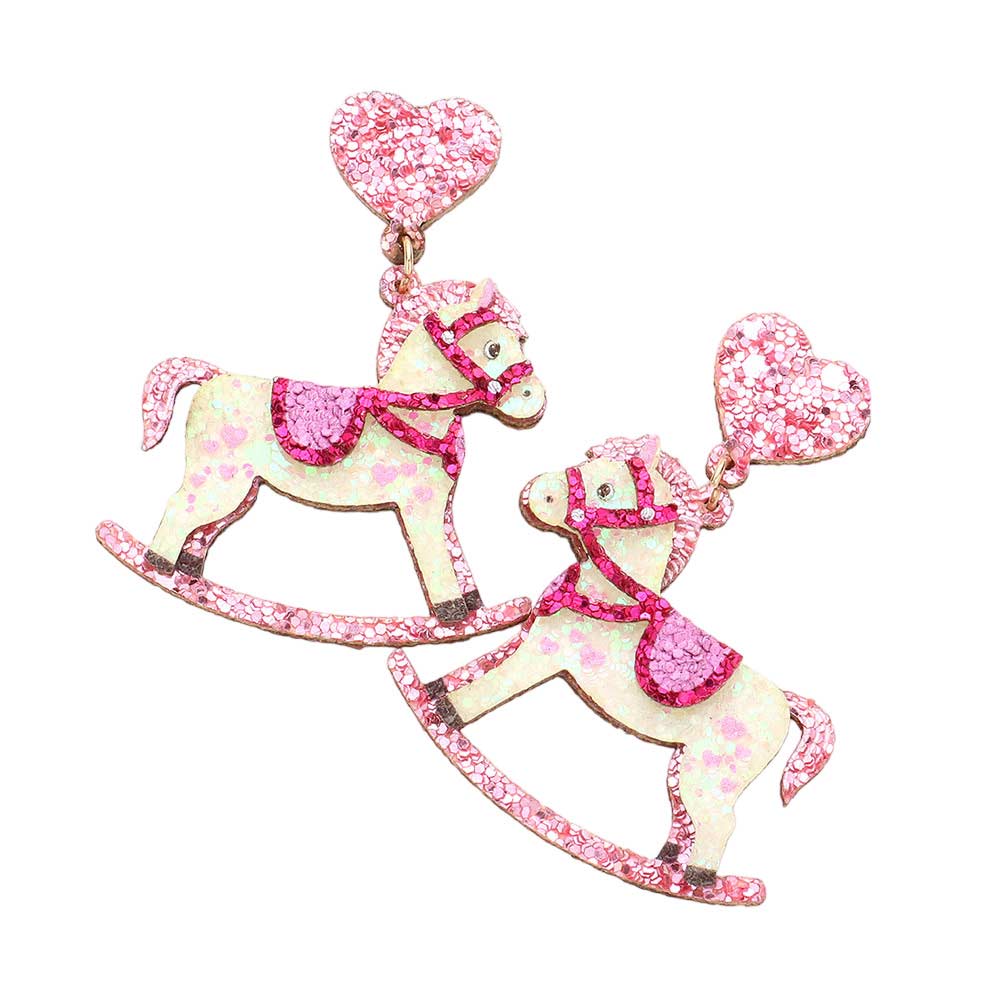 Pink Glittered Heart Rocking Horse Link Dangle Earrings will add a unique and artistic twist to any look. The charming design features a heart-shaped rocking horse crafted from glittered metal with a link dangling chain and post-back design that secures day-long wear. Perfect for animal lovers and fashion fans alike.