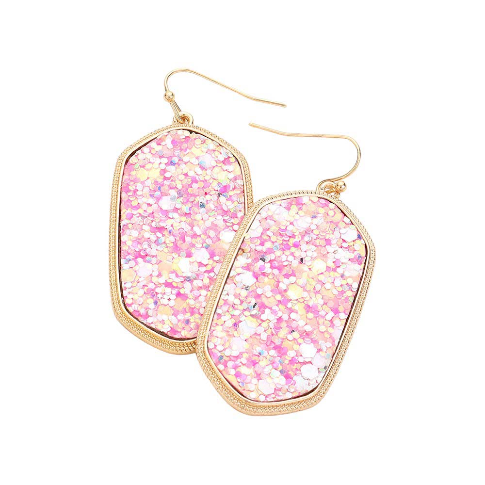 Pink Sparkly Hexagon Frame Dangle Earrings, perfect for adding a touch of glamour to any outfit. These earrings feature a unique hexagon frame design with sparkling accents, making them a versatile and eye-catching accessory. Elevate your style with these elegant and sophisticated earrings.
