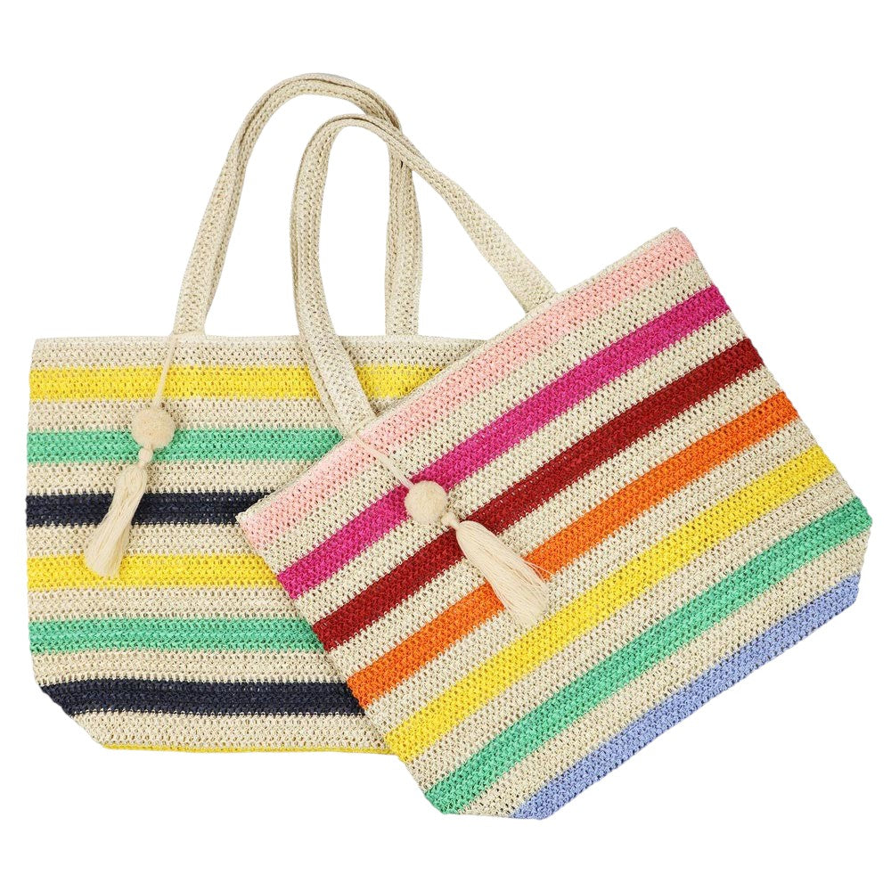 Pink Pom Pom Tassel Multi Color Striped Straw Crochet Tote Bag is a stylish and versatile accessory. Made with durable straw and adorned with playful pom poms and tassels, it adds a touch of fun to any outfit. Perfect for carrying essentials on a day out, it's also a great beach or picnic bag.