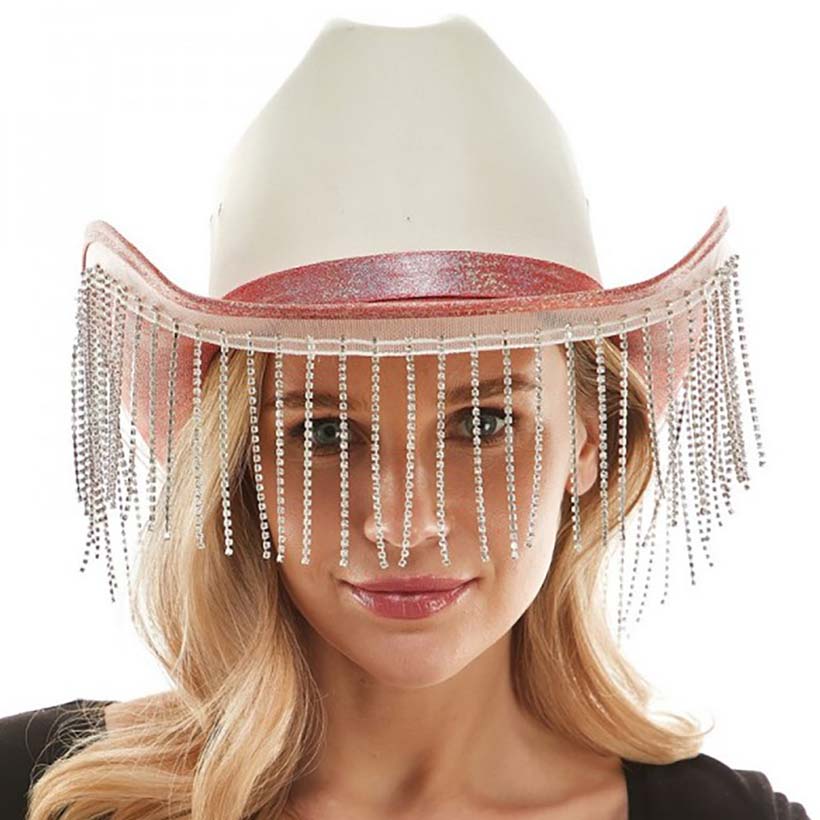Pink Trendy Rhinestone Fringe Glittered Cowboy Hat, Large comfortable, and perfect for keeping the sun off of your face, neck, and shoulders. It looks so pretty, bright, & elegant at summer parties & special occasions. Perfect gifts for birthdays, Mother’s Day, anniversaries, Valentine’s Day, or any special occasion.