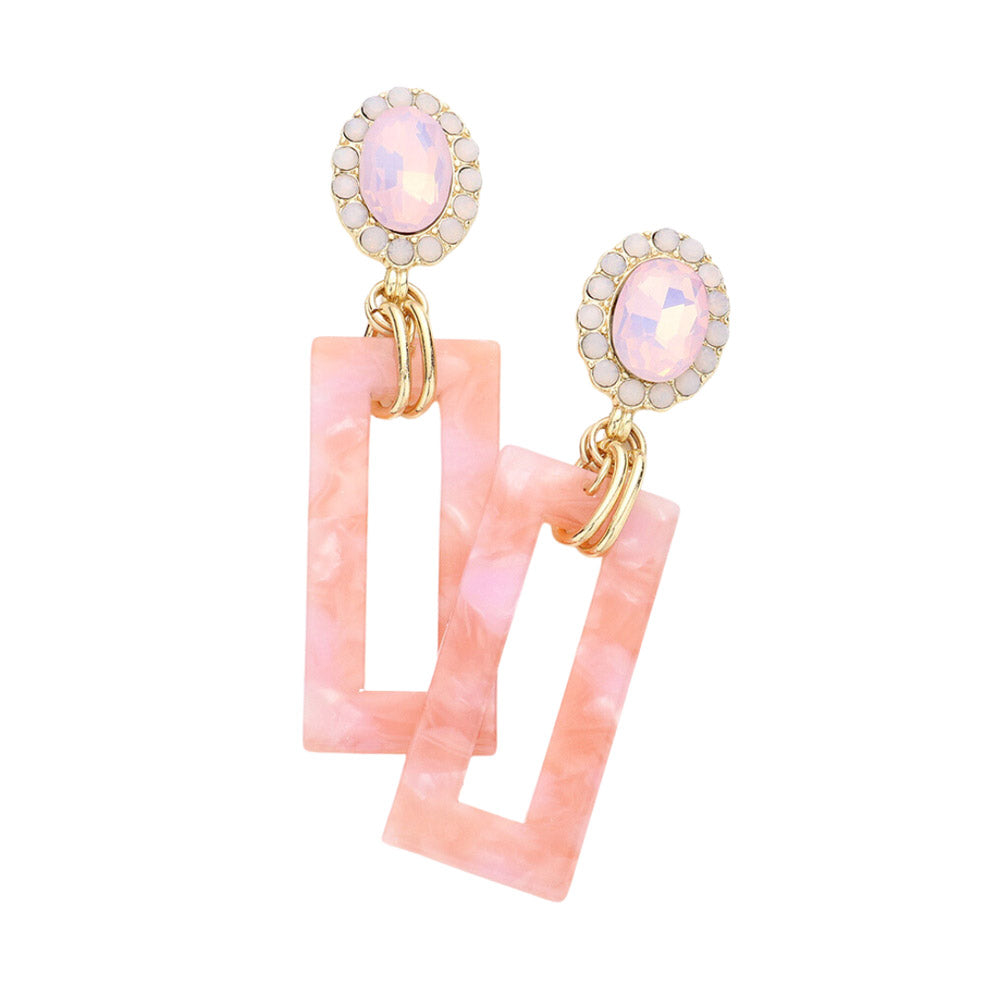 Tired of plain old earrings? Add some pizzazz to your look with these Pink Oval Stone Celluloid Acetate Open Rectangle Link Dangle Earrings! Embellished with rhinestones in open circles, these earrings are sure to sparkle. Perfect Birthday Gift, Anniversary Gift, Christmas Gift, Regalo Navidad, Regalo Cumpleanos