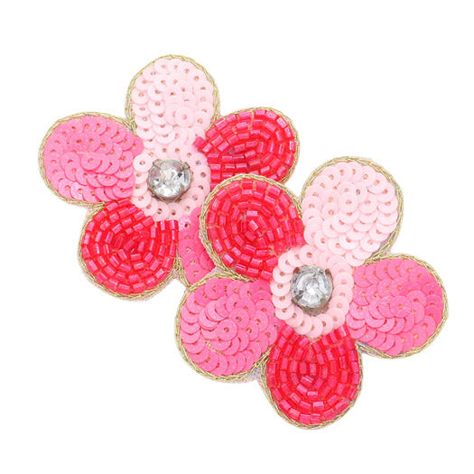 Felt Back Stone Embellished Seed Beaded Flower Earrings - Pink - Earrings