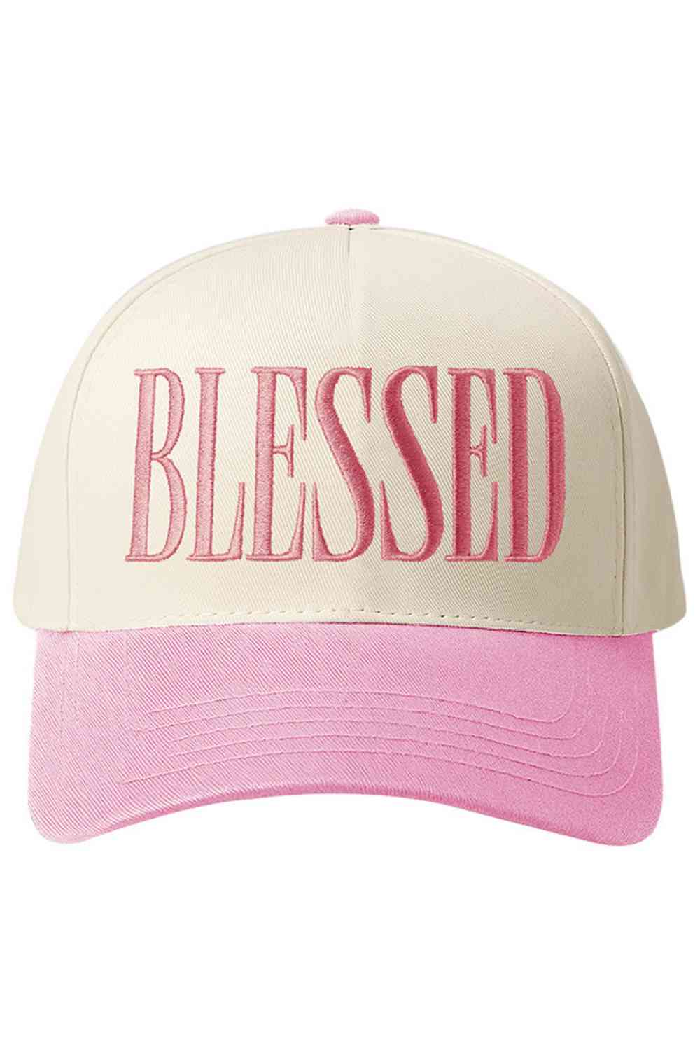 Pink Elevate your everyday style with this classic two-tone baseball cap featuring "BLESSED" embroidered across the front. Crafted from 100% cotton, it offers breathable comfort perfect for any season. The timeless design works with casual outfits, while the meaningful embroidery adds a personal touch. One size fits most. A versatile accessory that combines faith-inspired messaging with laid-back style.