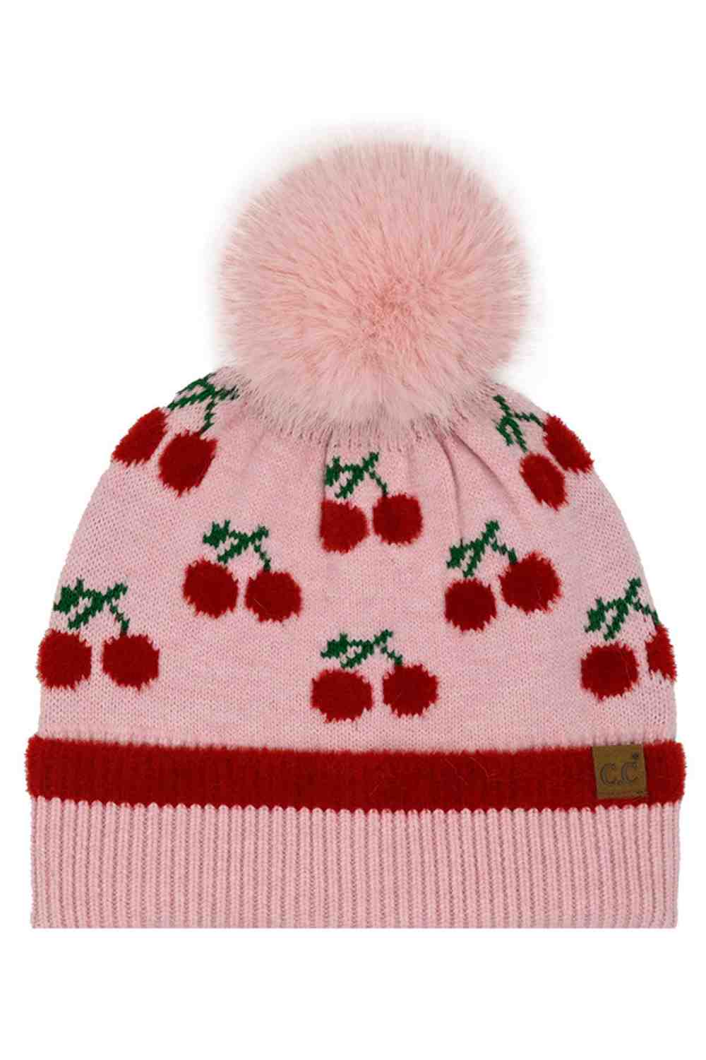 Pink CC Beanie Cherry Pattern Pom Beanie Winter Hat features a cute cherry knit design topped with a fluffy pom for a playful, cozy cold-weather look. Made with a soft stretch fit, it keeps you warm and comfortable while adding charming style to your winter outfits.