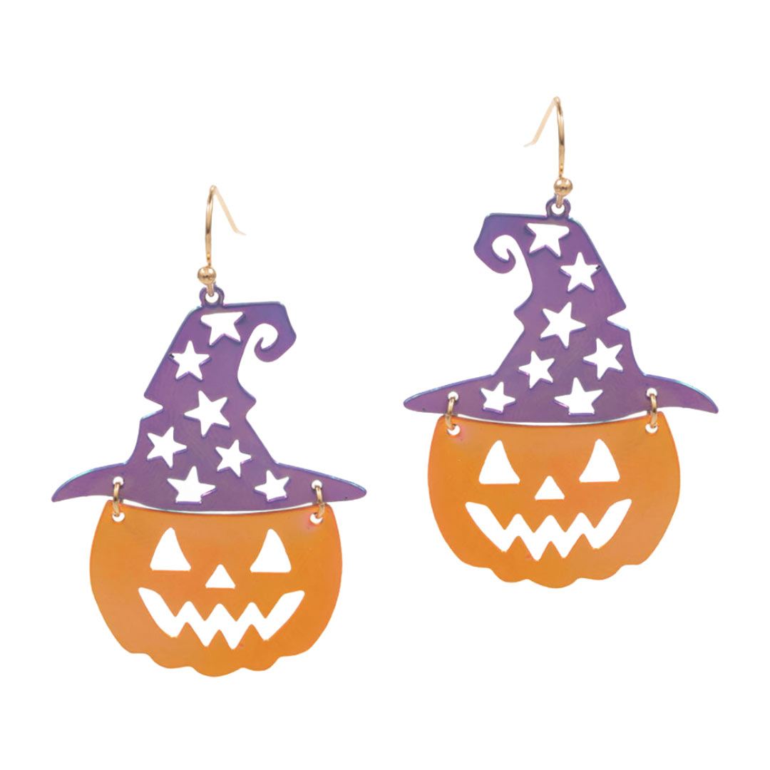 Purple Colored Metal Witch Hat Pumpkin Link Dangle Earrings, are fun handcrafted jewelry that fits your lifestyle, adding a pop of pretty color. This pretty & tiny earring will surely bring a smile to one's face as a gift. This is the perfect gift for Halloween, especially for your friends, family, and the people you love.
