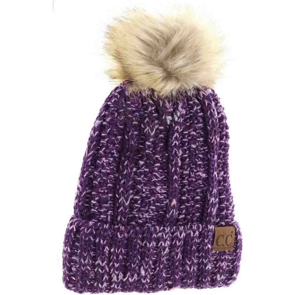 Purple Fuzzy Lined Confetti Knit Fur Pom CC Beanie combines functionality and style with its soft, confetti-speckled knit exterior and cozy fuzzy lining. Designed to provide superior warmth and comfort, this beanie features a plush fur pom for an added touch of elegance. Ideal for cold weather, its high-quality construction ensures durability and lasting wear, making it an essential accessory for those seeking expert-level performance and fashionable appeal in winter headwear.
