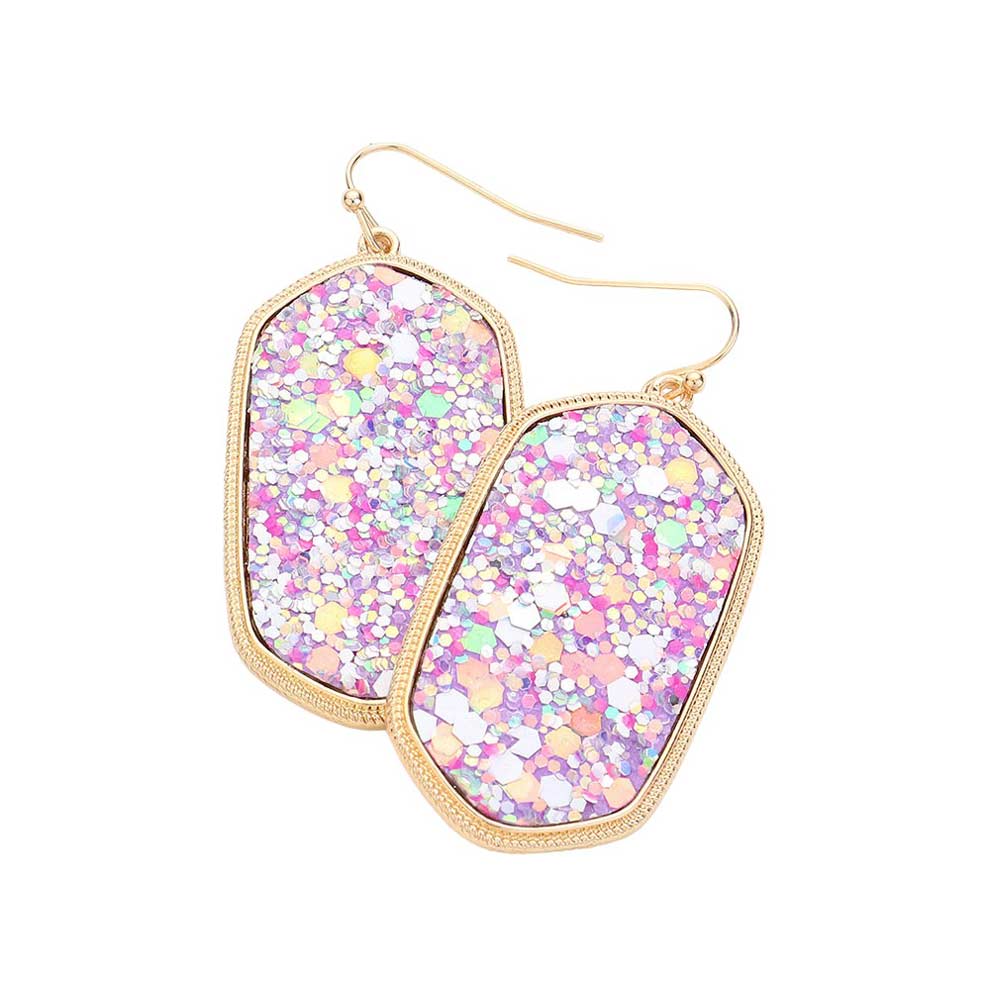 Purple Sparkly Hexagon Frame Dangle Earrings, perfect for adding a touch of glamour to any outfit. These earrings feature a unique hexagon frame design with sparkling accents, making them a versatile and eye-catching accessory. Elevate your style with these elegant and sophisticated earrings.