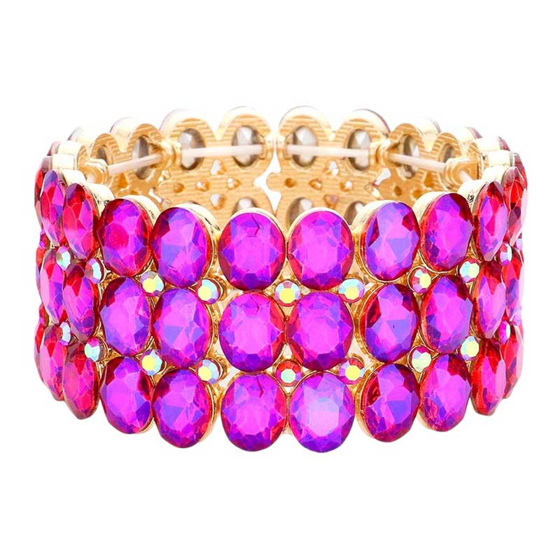 Purple Oval Stone Cluster Stretch Evening Bracelet, This beautiful bracelet features an elegant design with 14K rose gold plated accents and center stones for a stunning, eye-catching look. Enjoy the comfort of the elasticized fit and the glamour of special occasions. Perfect for your next formal event or evening out.