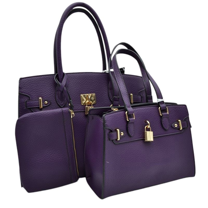 Purple-Padlock Accent 3 in 1 Twin Tote-Satchel Value Set includes a wallet for added convenience. With a stylish padlock accent, this set is perfect for everyday use and travel. Made with high-quality materials, it offers durability and functionality. Get both fashion and functionality with this value set.