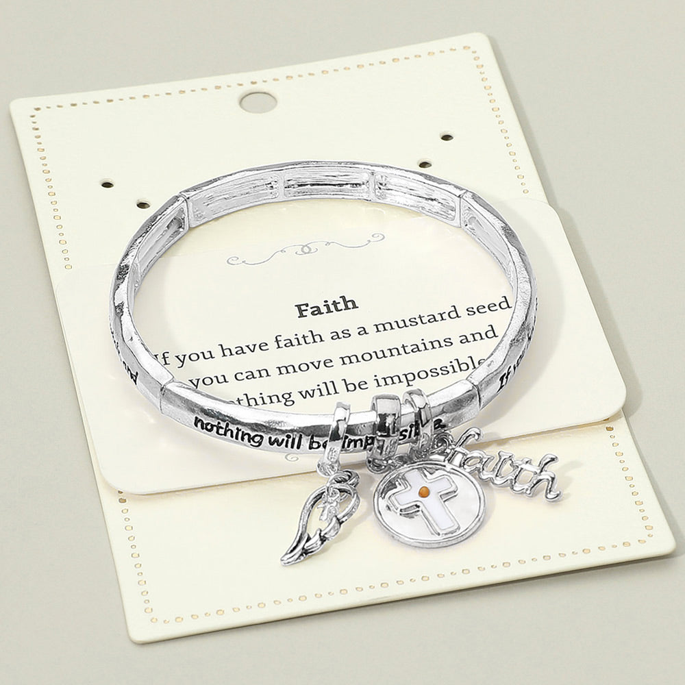 Madeline Love Antique Silver FAITH Message Cross Medal Angel Wing Charm Stretch Bracelet - Bracelets - extra