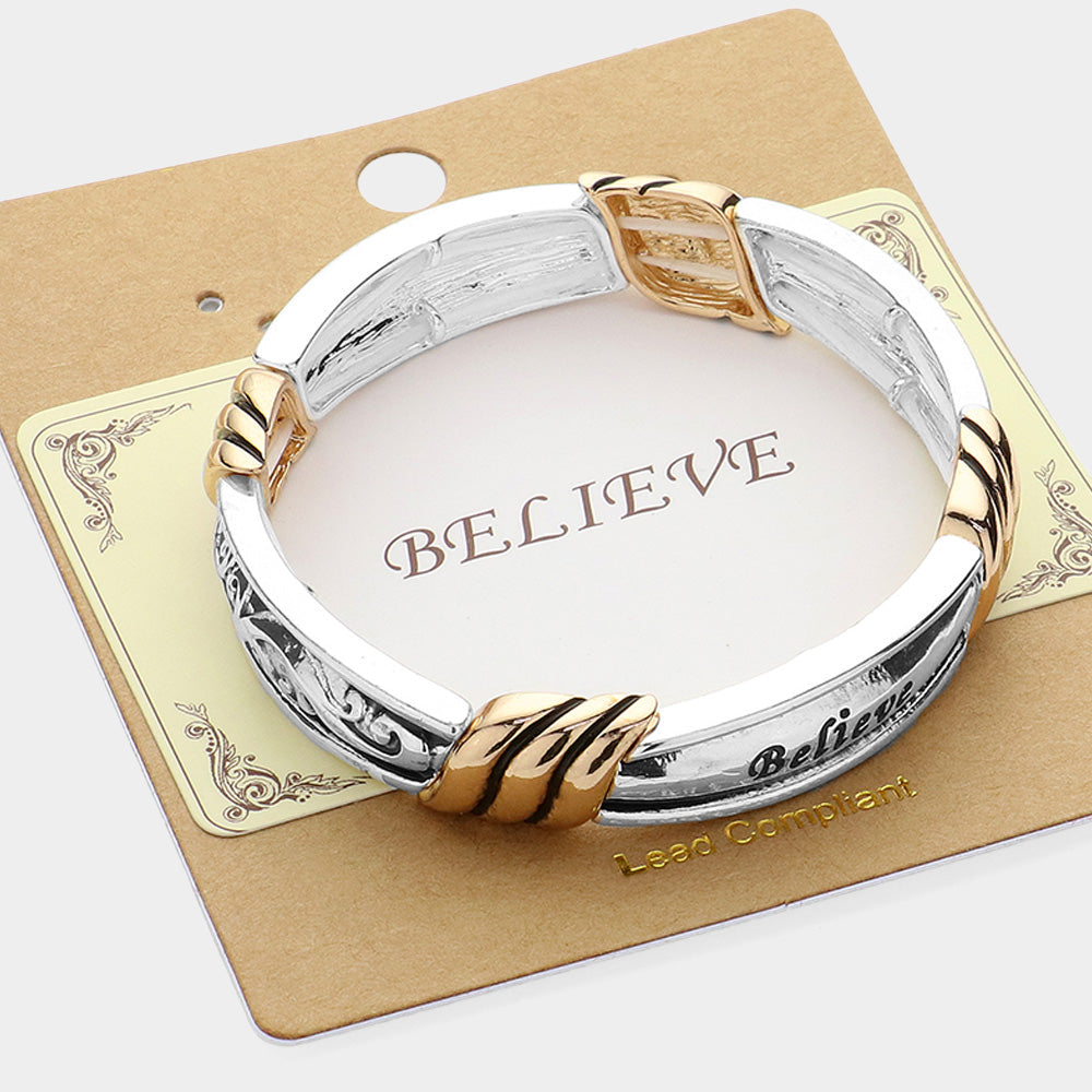 Madeline Love Two Tone BELIEVE Message Two Tone Metal Stretch Bracelet - Bracelets