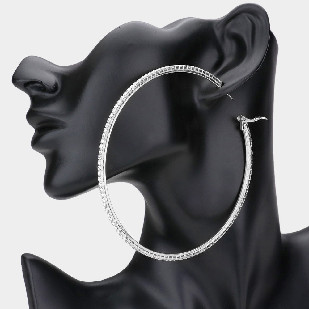 Madeline Love Silver Crystal Rhinestone 3.75 Inch Hoop Earrings