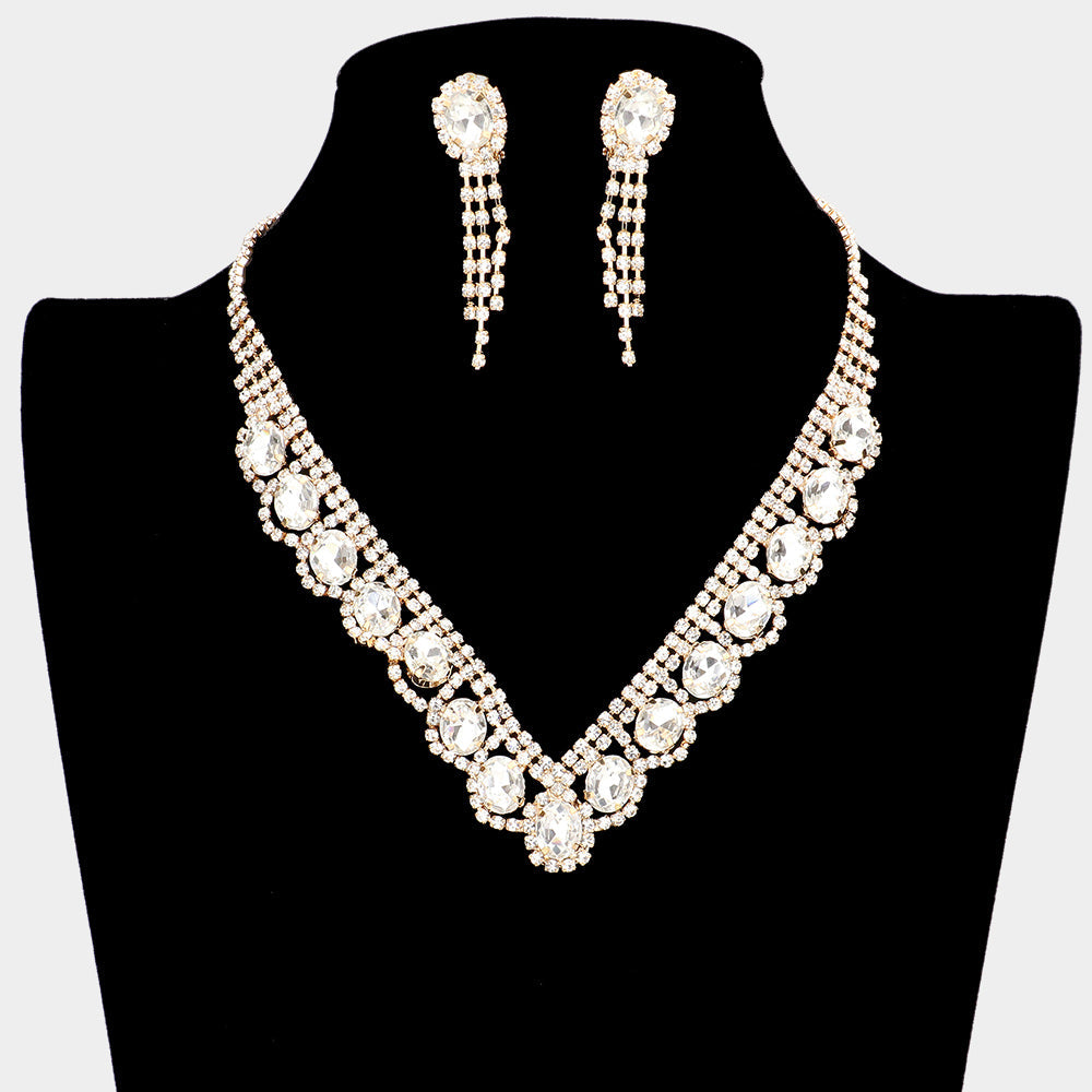 Madeline Love Gold Oval Stone Accented V Shaped Rhinestone Necklace Clip on Earring Set - Jewelry