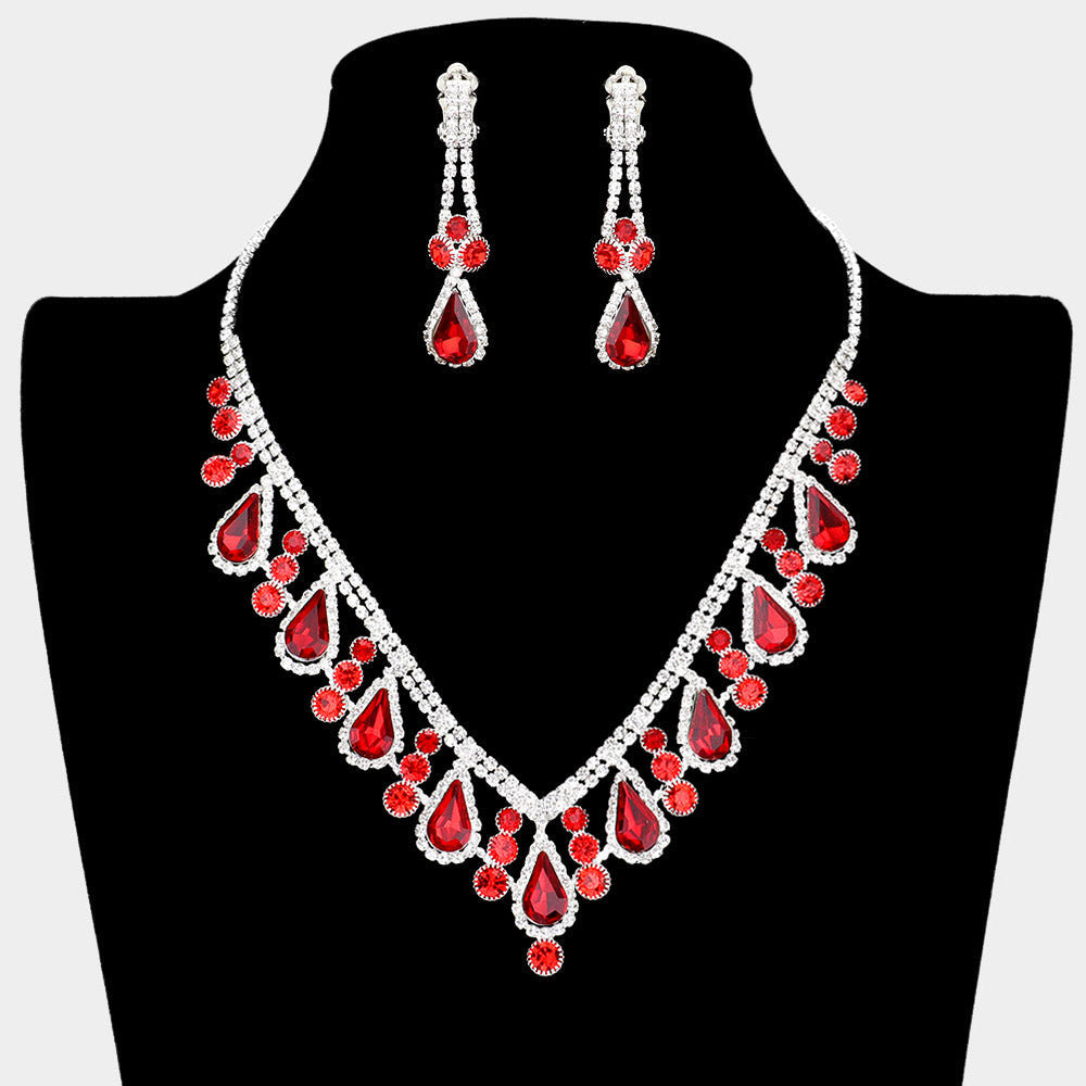 Madeline Love Red, Silver Crystal Rhinestone Bubbly Teardrop Necklace Clip on Earring Set - Jewelry