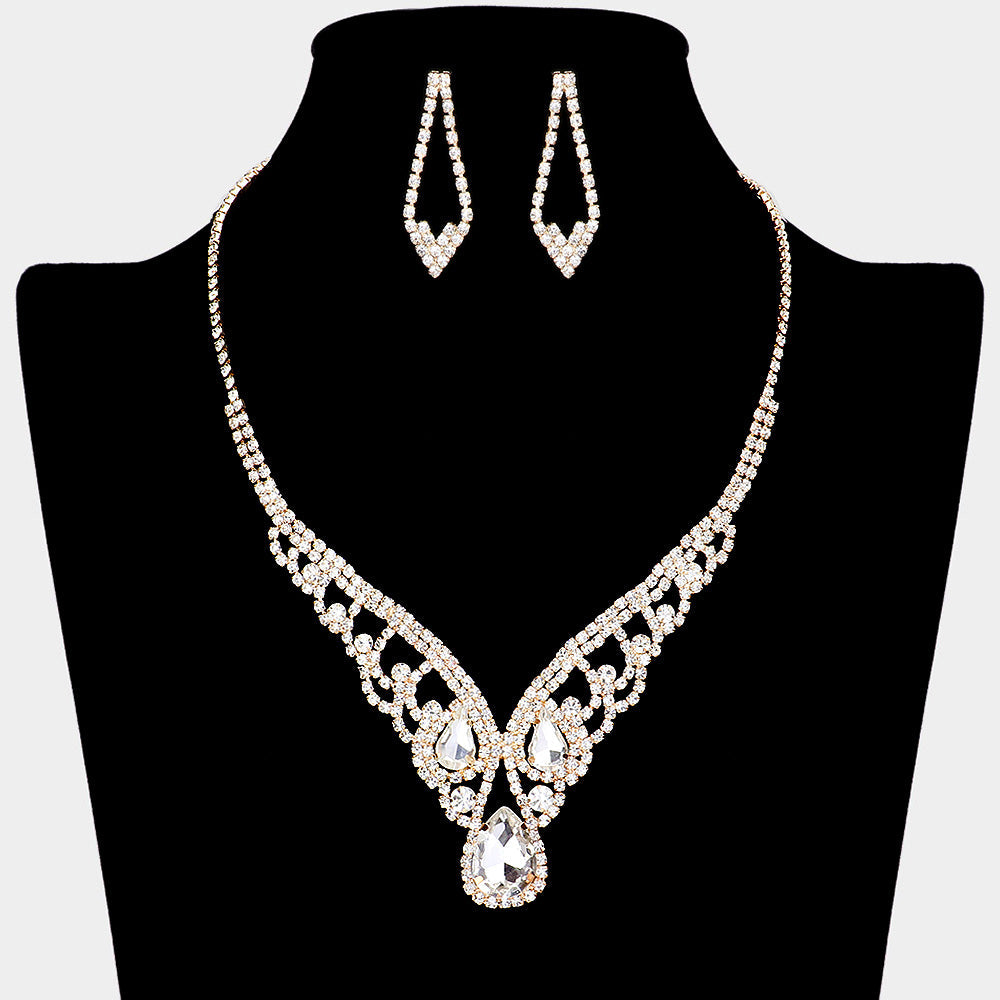 Madeline Love Gold Teardrop Stone Accented Rhinestone Paved V Shape Necklace - Jewelry