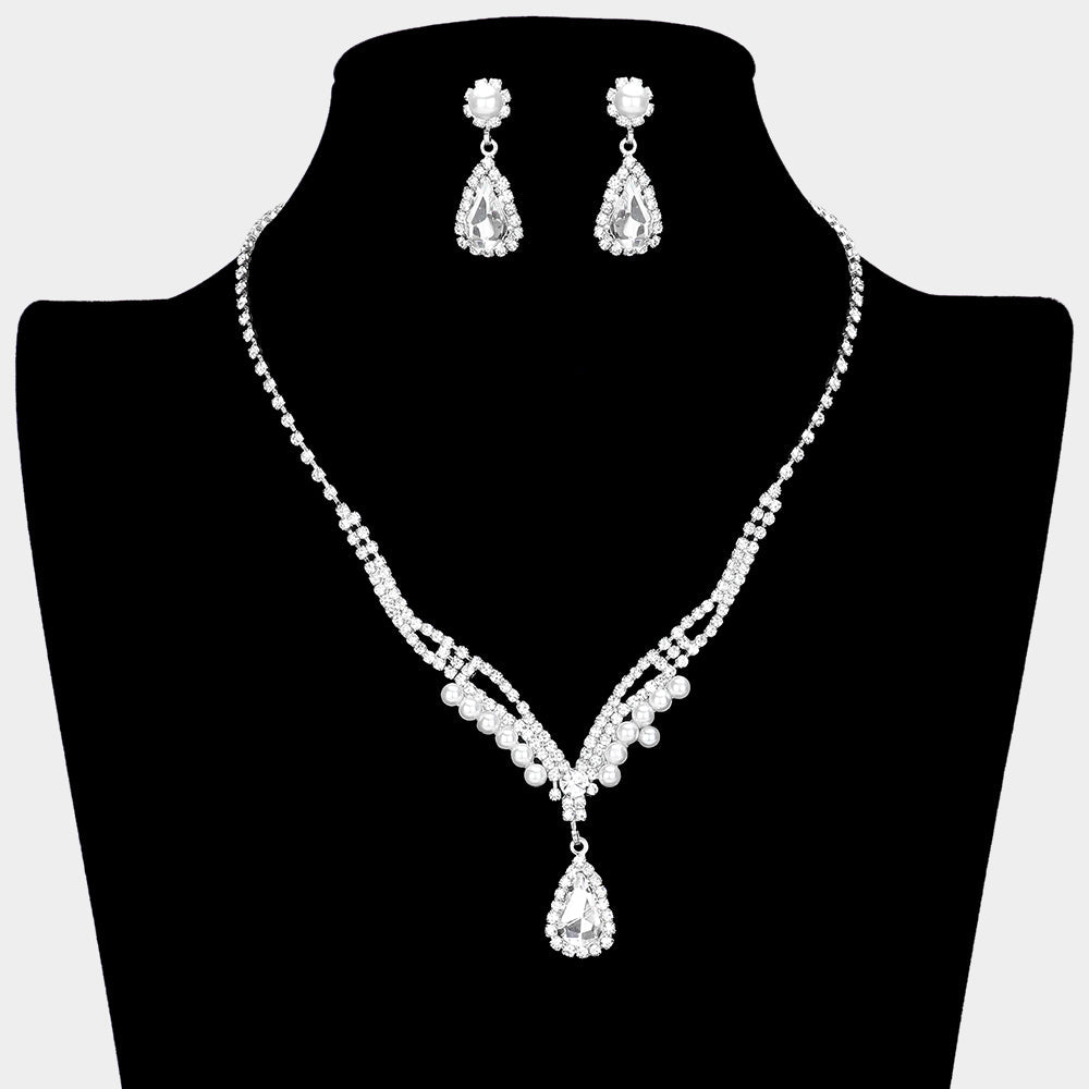 Madeline Love Silver, White Teardrop Stone Pointed Pearl Rhinestone Paved Necklace - Jewelry