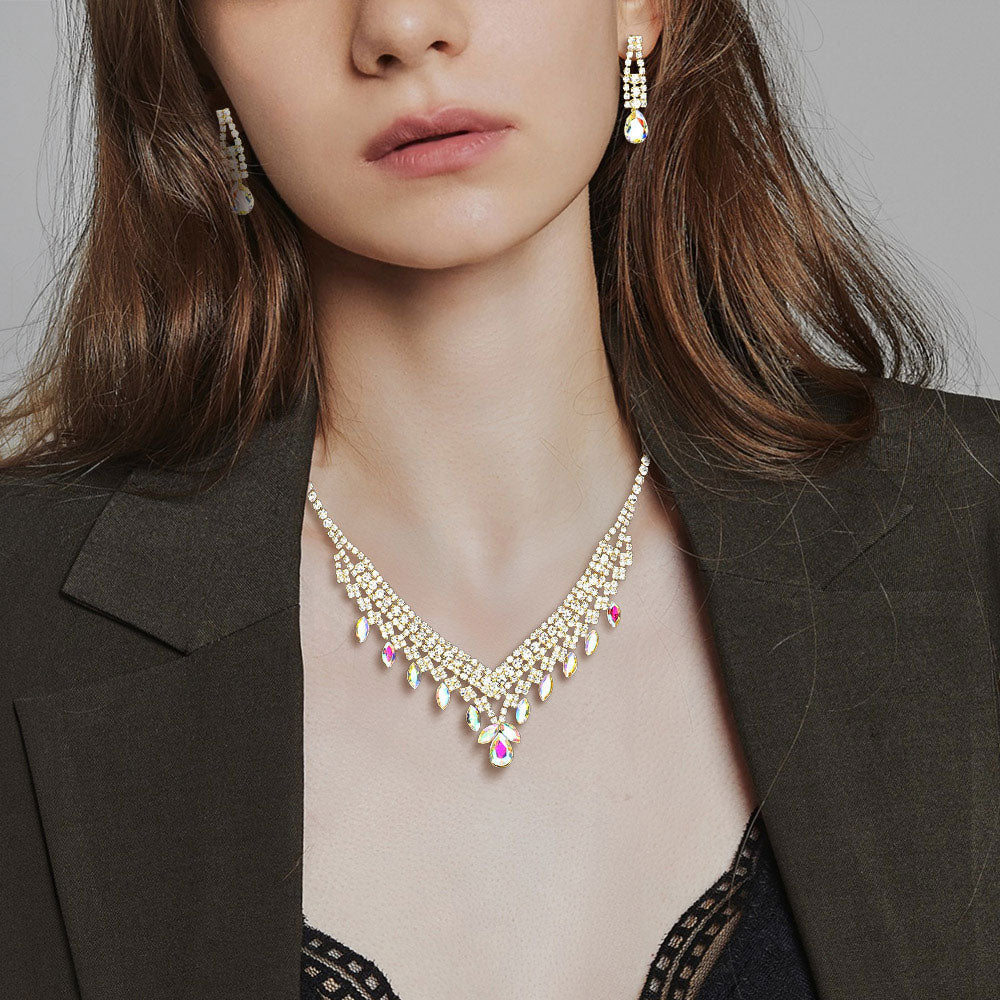 Madeline Love AB, Gold Teardrop Marquise Stone Pointed Rhinestone Paved Necklace