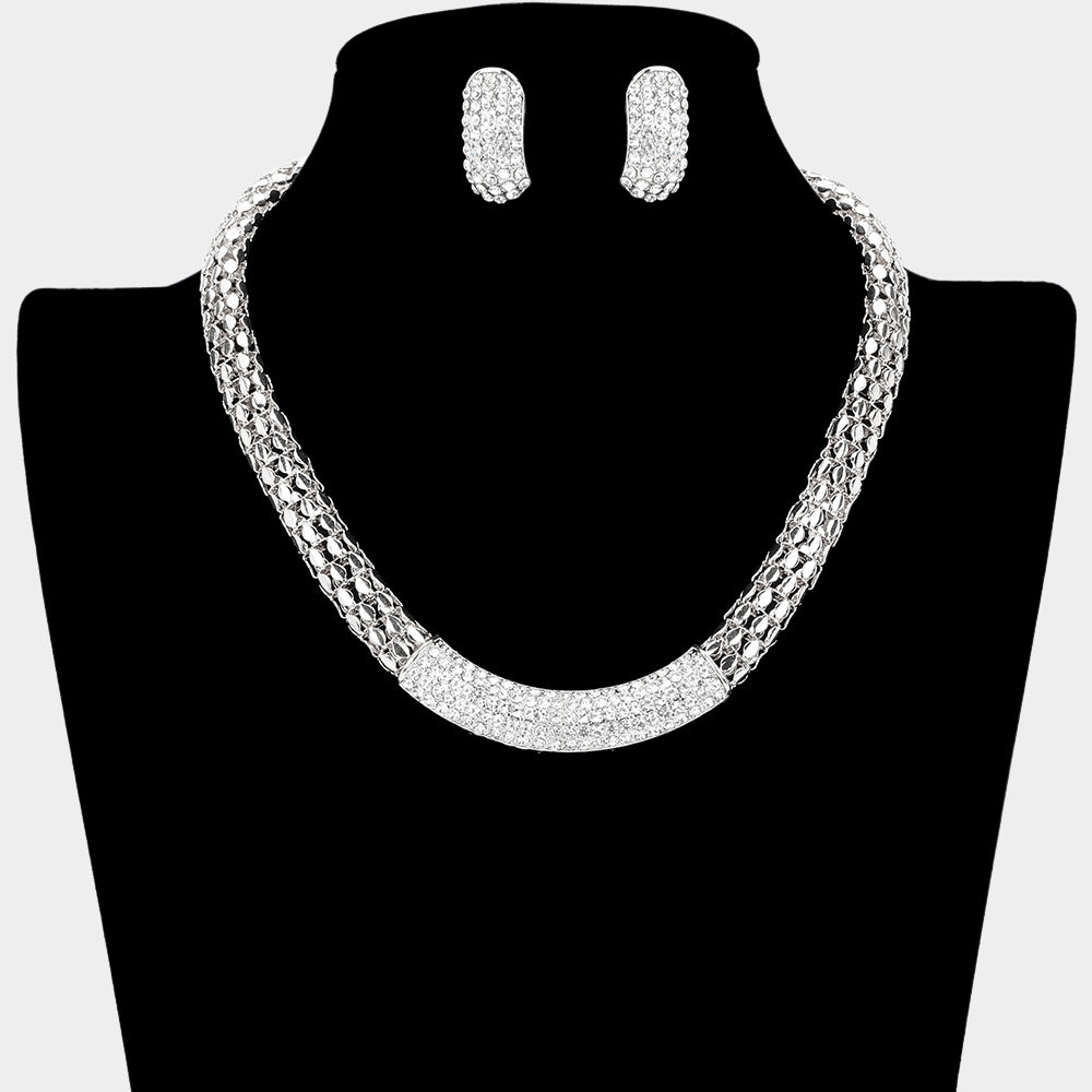 Madeline Love Clear, Silver Crystal Rhinestone Metal Mesh Necklace - Jewelry