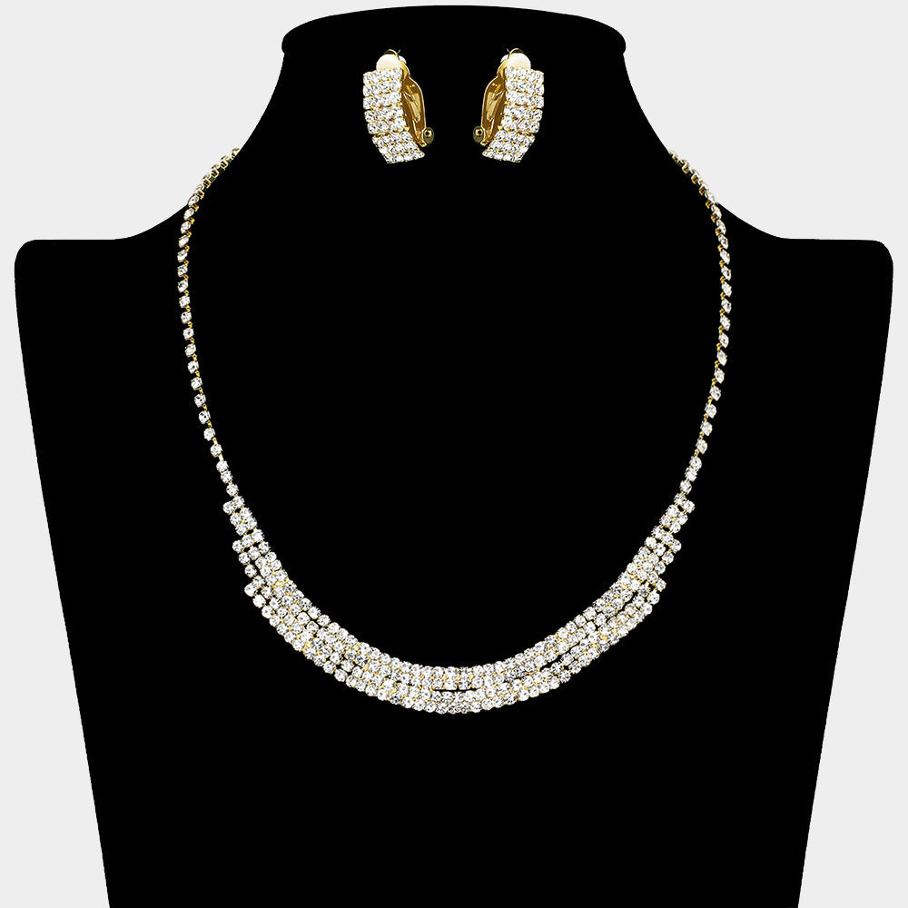 Madeline Love Clear, Gold Rhinestone Paved Collar Necklace Clip on Earring Set - Jewelry