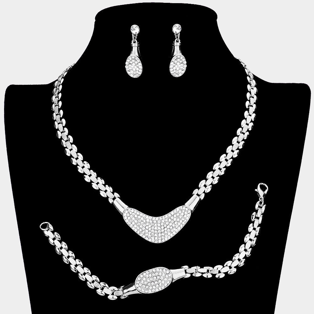 Madeline Love Clear, Silver 3PCS - Crystal Rhinestone Pave Plate Metal Necklace Jewelry Set - Necklaces