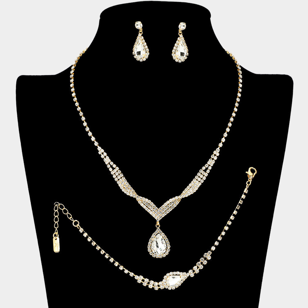 Madeline Love Clear, Gold Crystal Rhinestone Teardrop Pendant Necklace Jewelry Set
