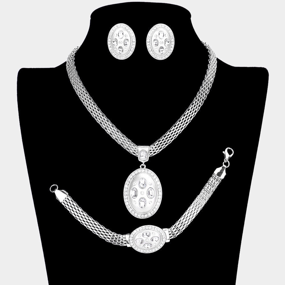 Madeline Love Clear, Silver Marquise Rhinestone Trim Oval Dangle Necklace Jewelry Set