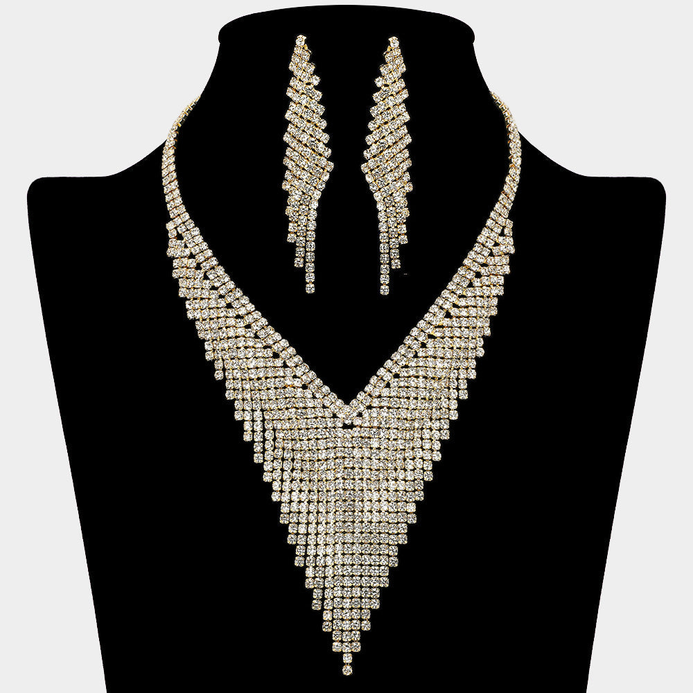 Madeline Love Clear, Gold Crystal Rhinestone Marquise V-Collar Necklace - Jewelry