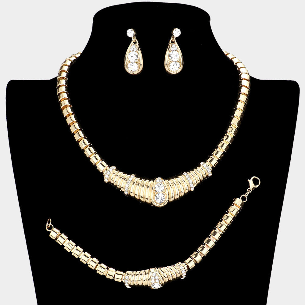 Madeline Love Gold 3PCS - Crystal Rhinestone Pave Metal Evening Necklace Set - Jewelry