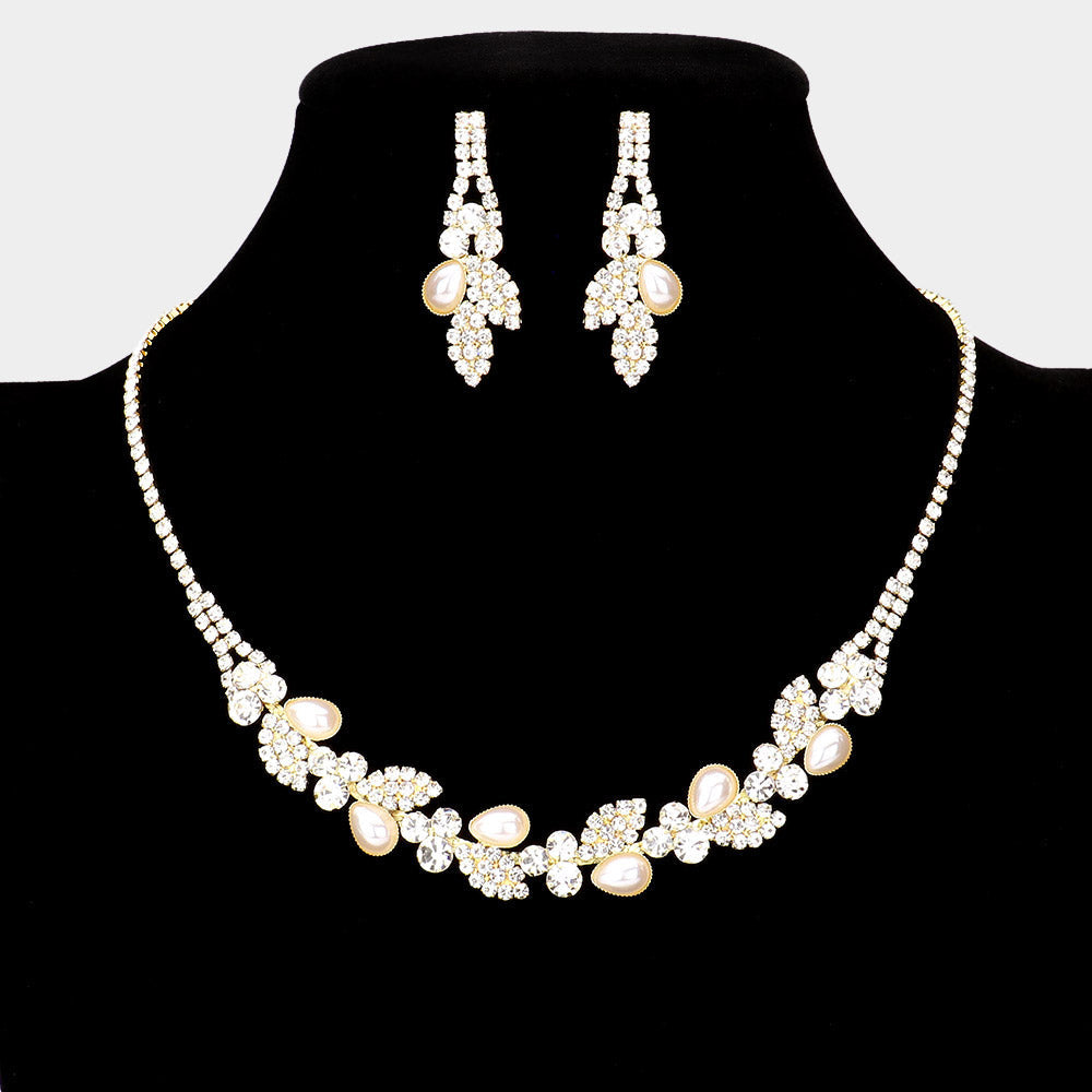 Madeline Love Gold Teardrop Pearl Accented Rhinestone Petal Necklace - Jewelry