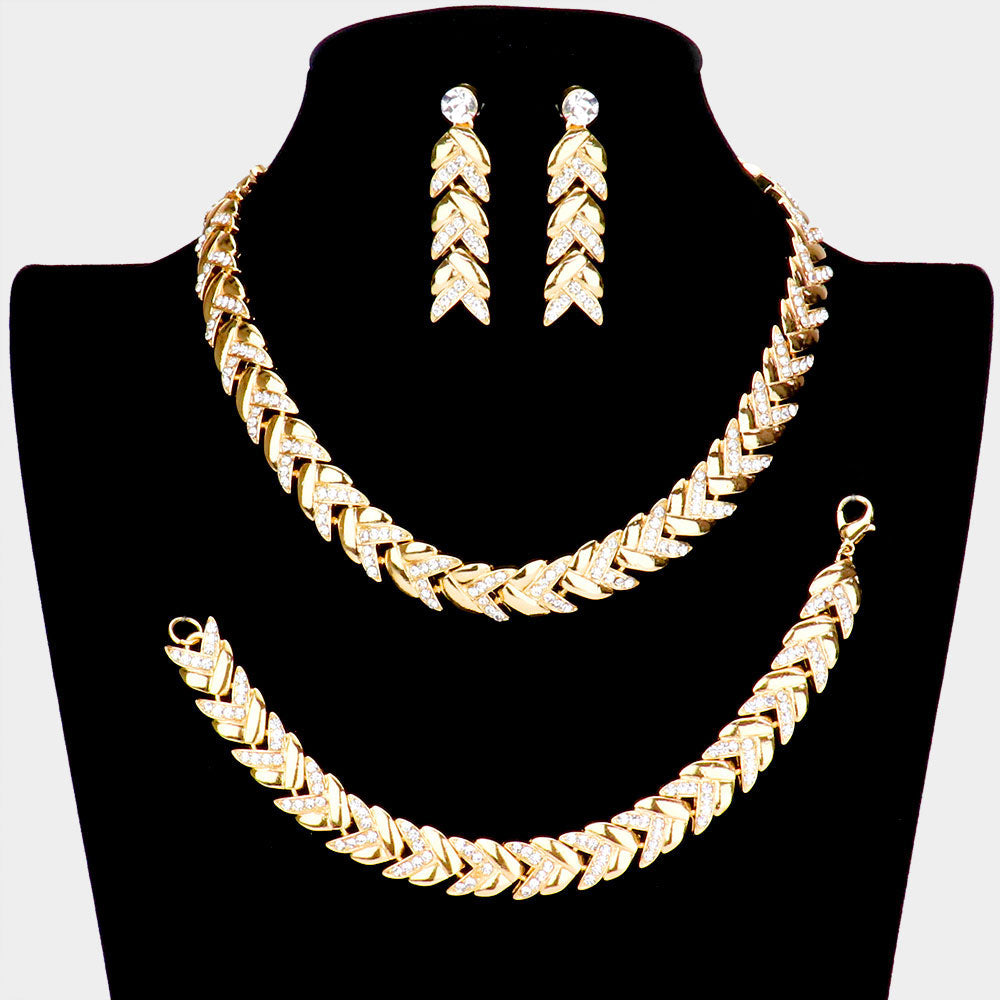 Madeline Love Gold 3PCS - Rhinestone Embellished Chevron Link Necklace Jewelry Set