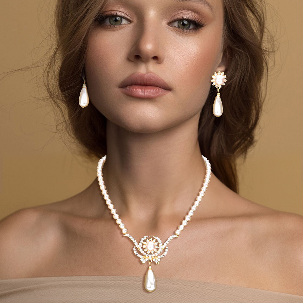 Madeline Love Cream, Gold Stone Embellished Metal Pearl Link Pendant Necklace - Necklaces