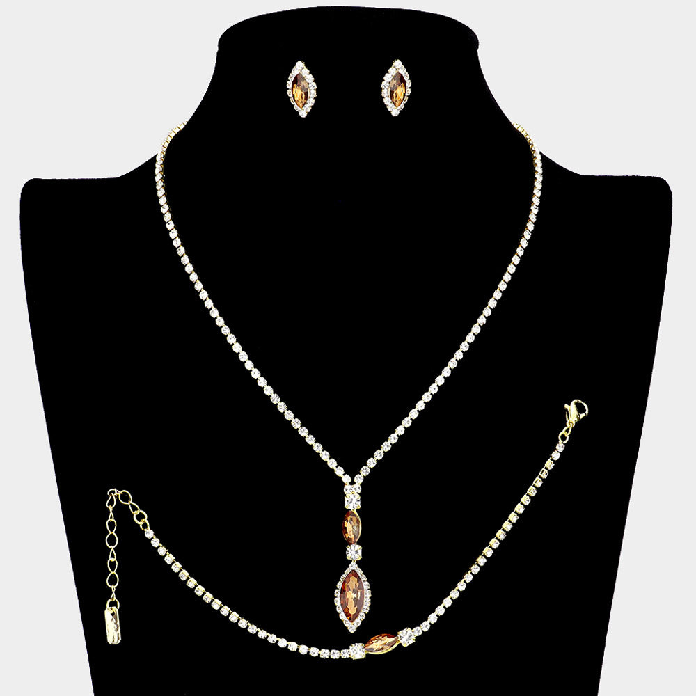 Madeline Love Gold, Lt Col Topaz 3PCS Marquise Stone Accented Rhinestone Pave Necklace Jewelry Set