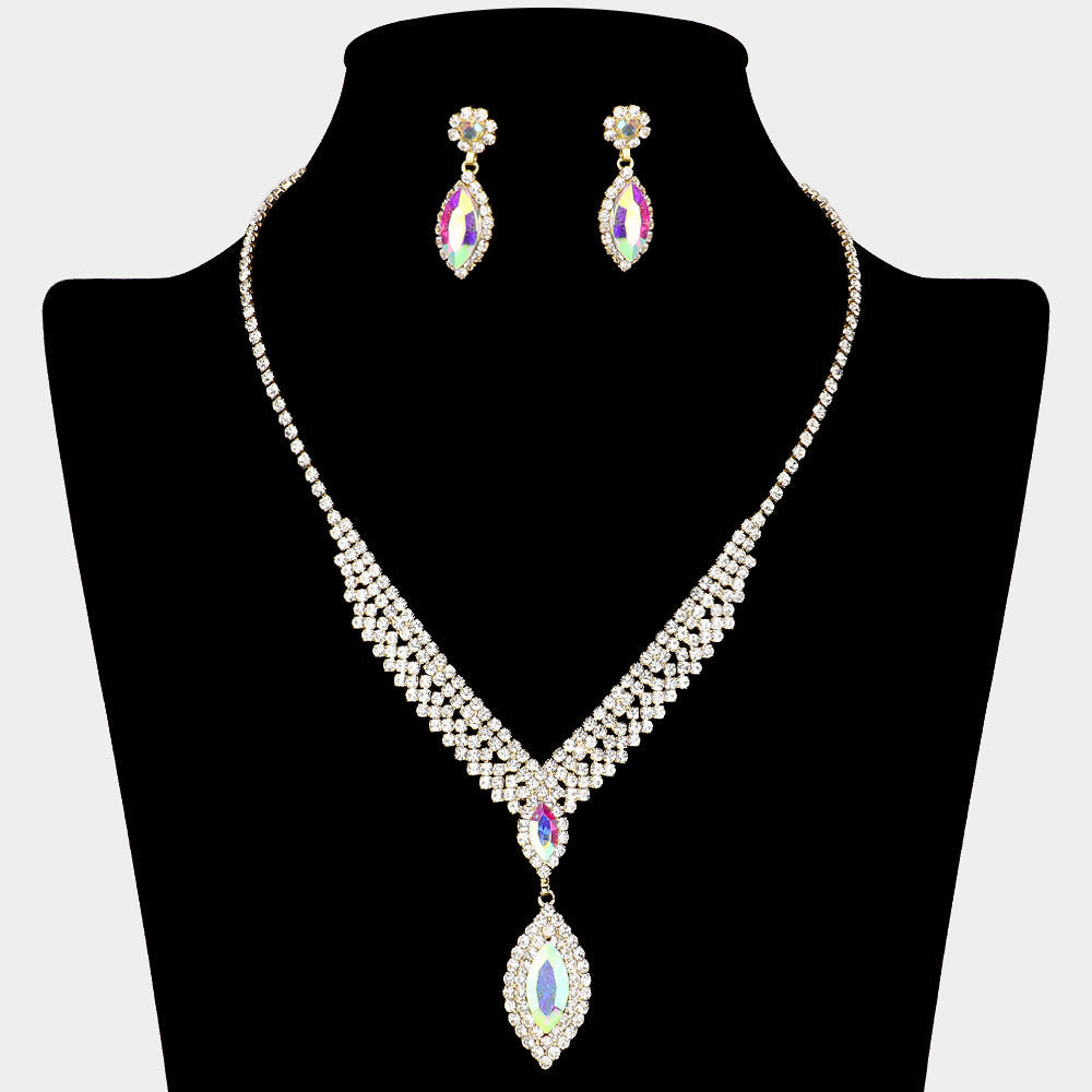 Madeline Love AB, Gold Marquise Stone Pointed Rhinestone Paved V Shaped Necklace - Jewelry