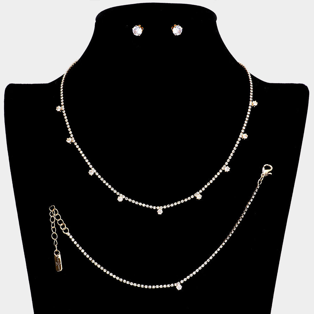Madeline Love Gold Round CZ Stone Station Rhinestone Paved Necklace Jewelry Set