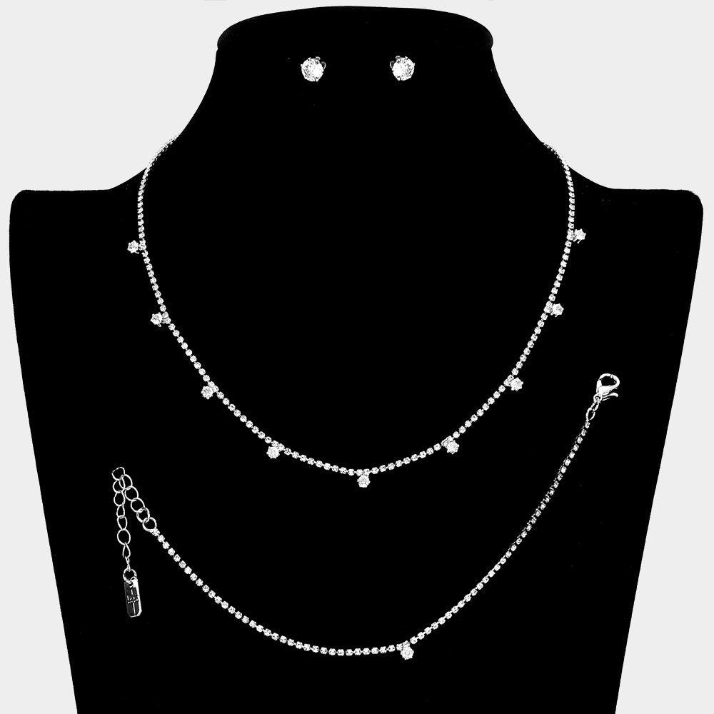 Madeline Love Silver Round CZ Stone Station Rhinestone Paved Necklace Jewelry Set
