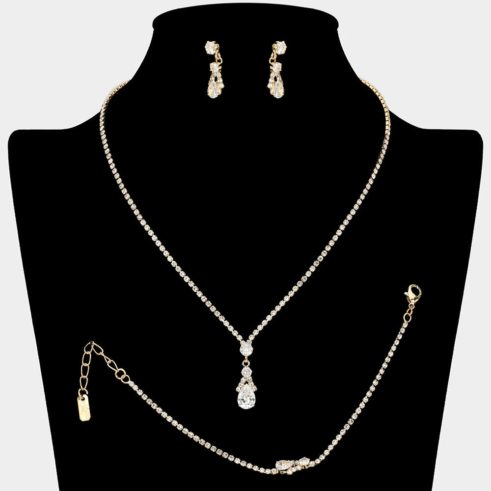 Madeline Love Clear, Gold Teardrop CZ Stone Pendant Accent Rhinestone Paved Jewelry Set