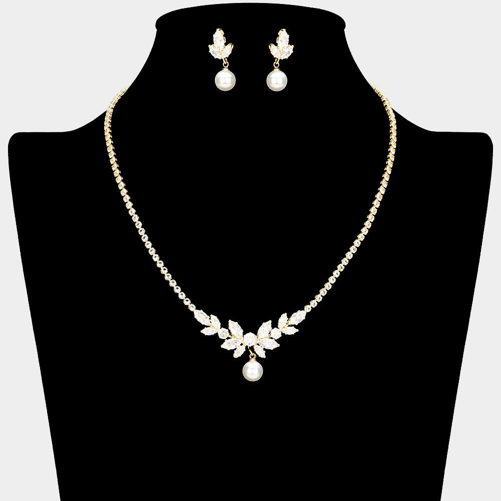 Madeline Love Clear, Gold Pearl Pointed Marquise CZ Stone Cluster Embellished Rhinestone Paved Necklace - Jewelry